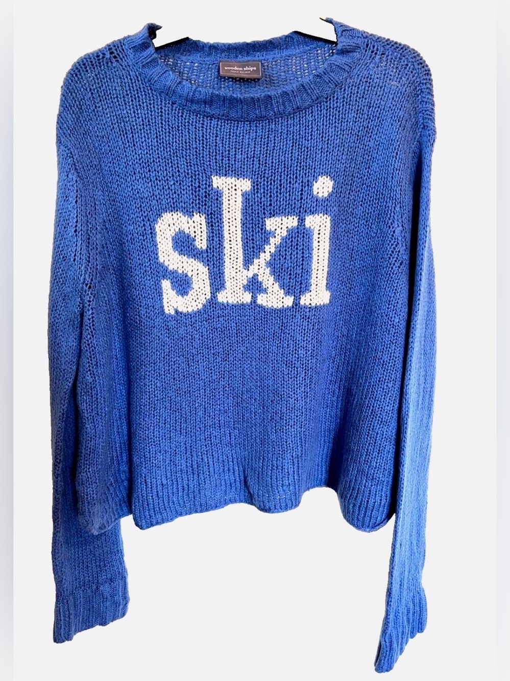 Wooden Ships Ski Sweater S/M Blue Mohair Wool Blend Graphic Pullover